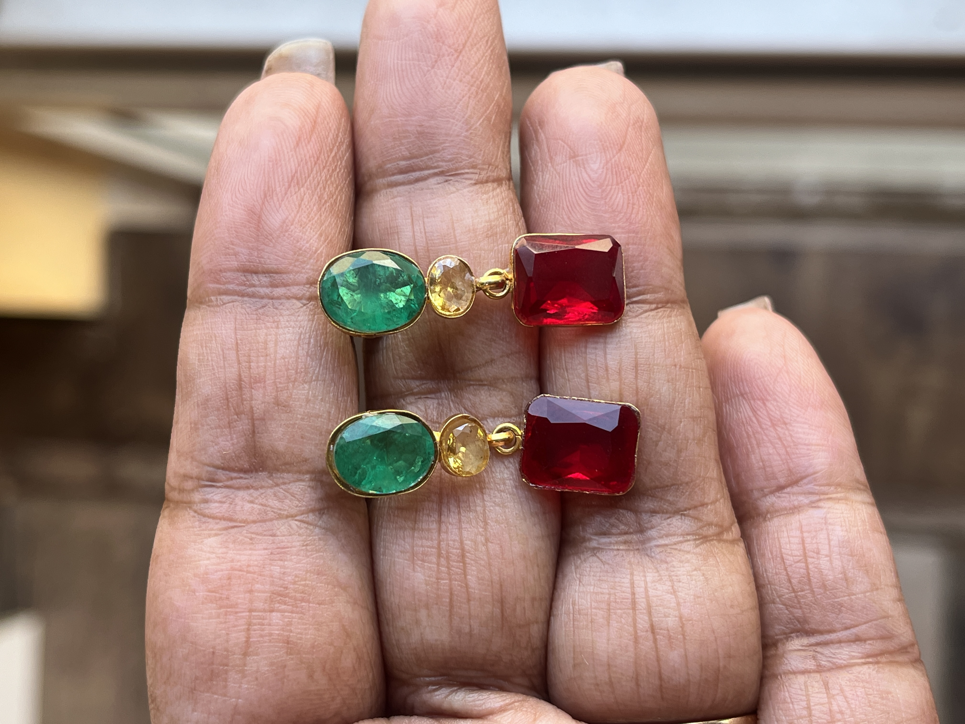 Green Yellow Red Studed Earrings