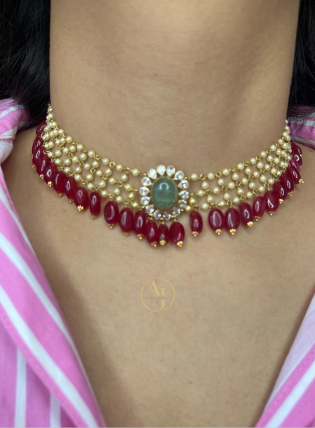 Big light green stone white stone petals pearl layers Choker