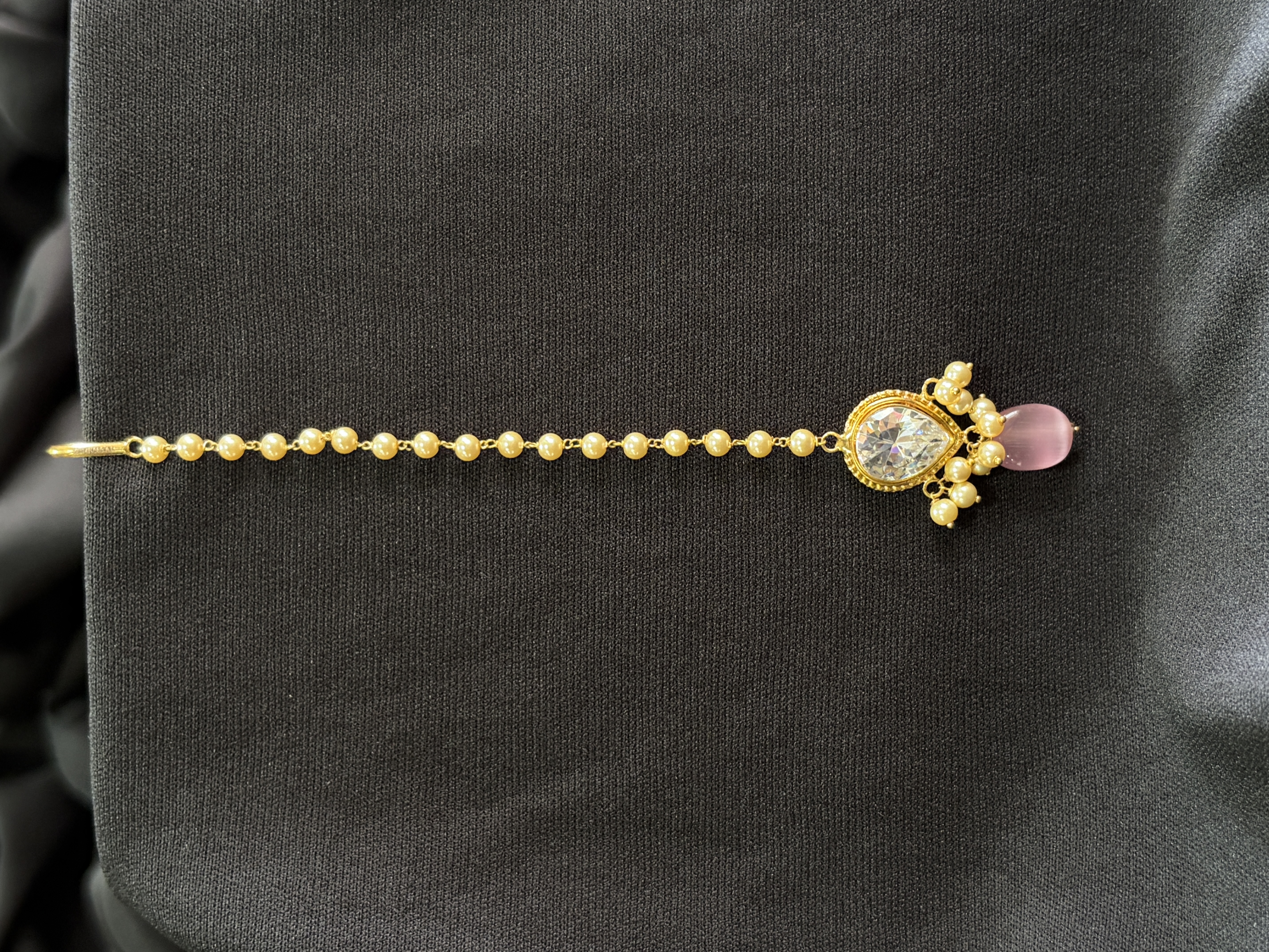 Pink stone pearl maangtikka