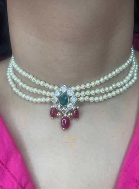 Emarald Stone pink beads white stones pearl Choker