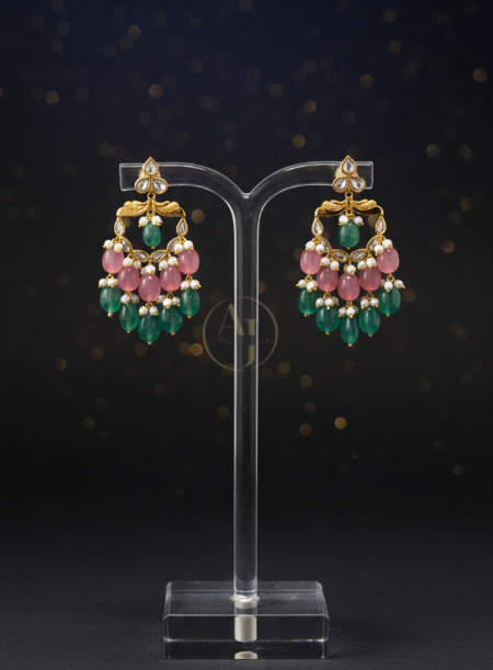 Big Light pink and Mint Green Chandbali Earrings