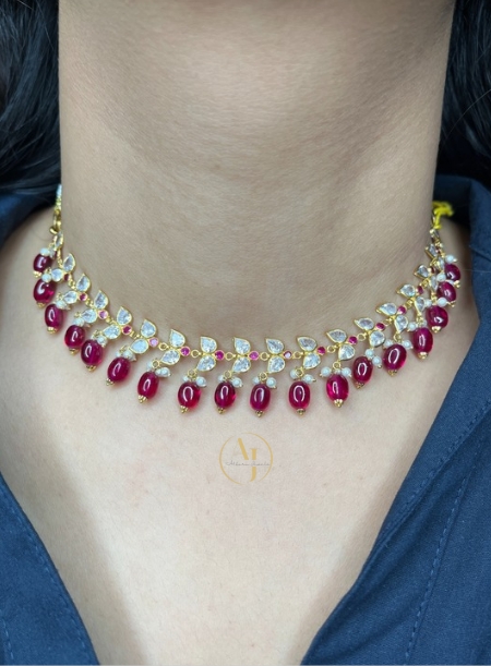 White leaf stones pink beads Gold Choker